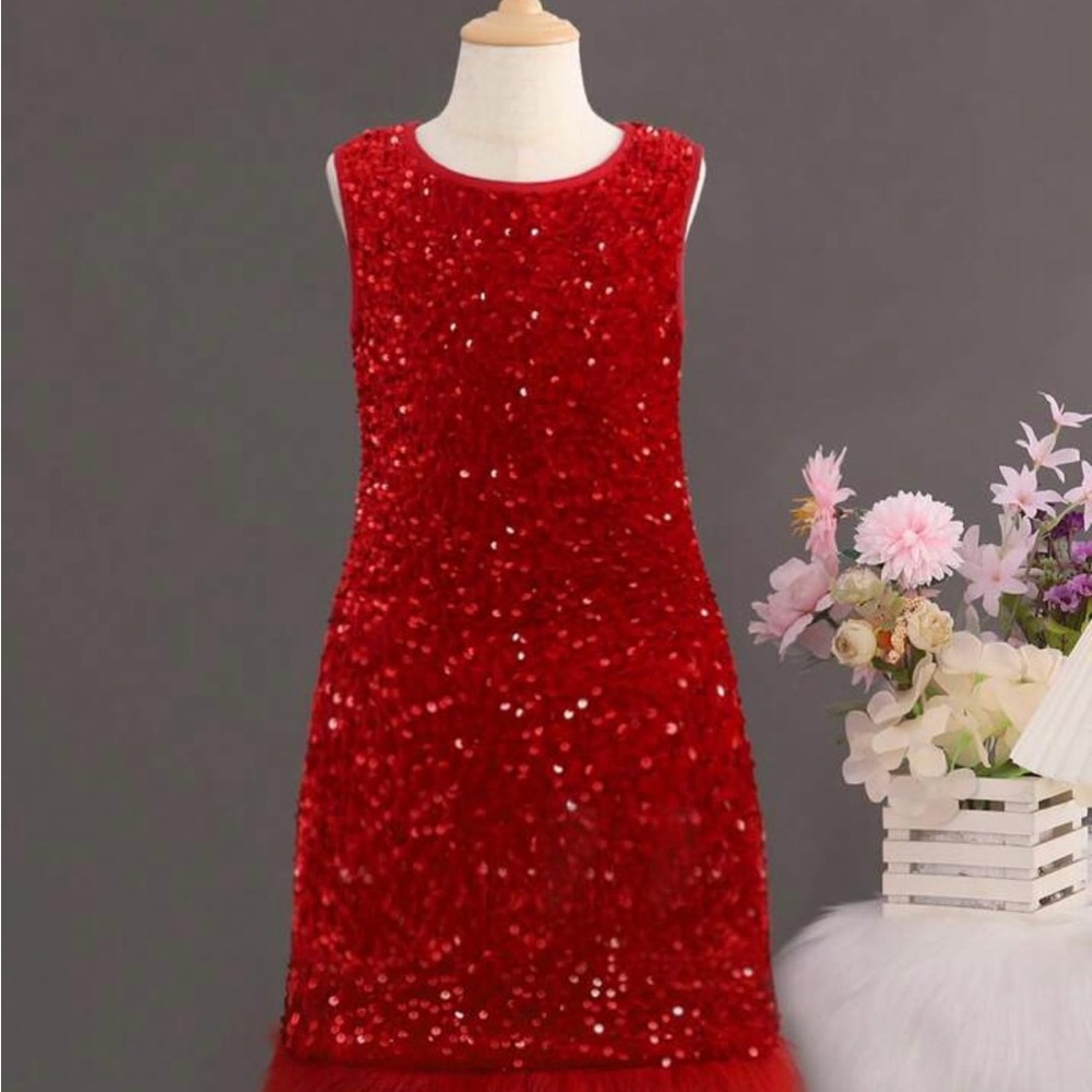 🆕 Elegant Red Sequin Girl Formal Flapper Dress With Fringe Evening Party season